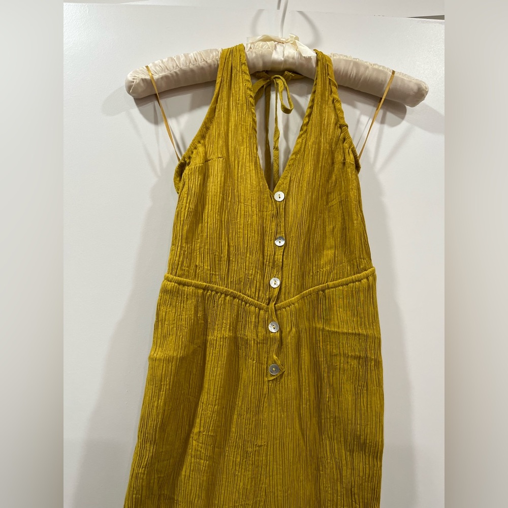 Yellow Gold Halter Tie Jumpsuit Romper Low Back Buttondown Textured